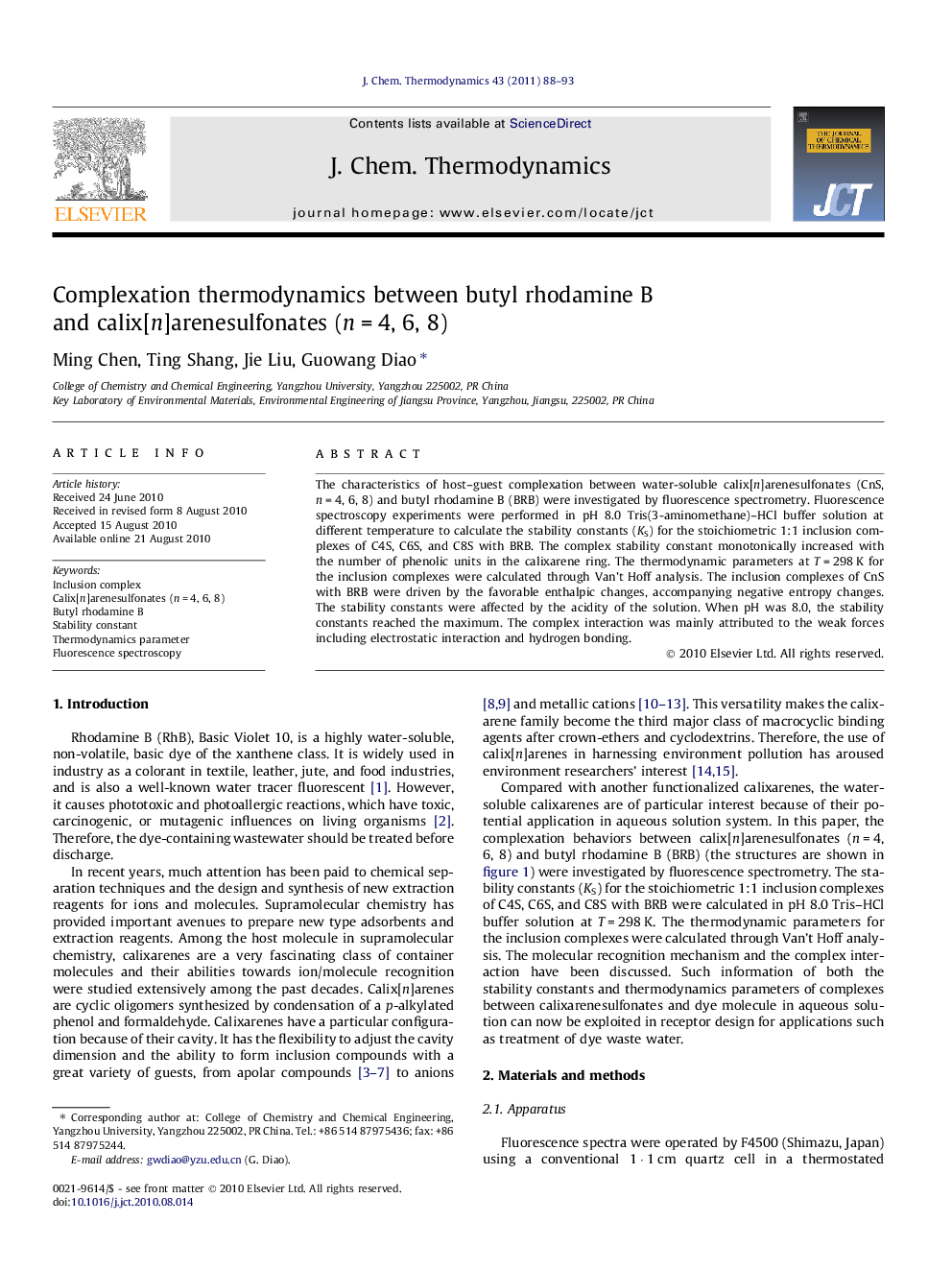 Complexation thermodynamics between butyl rhodamine B and calix[n]arenesulfonates (n = 4, 6, 8)