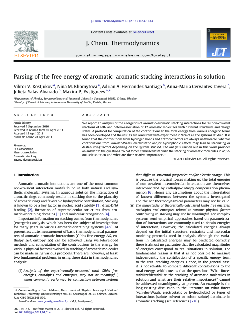 Parsing of the free energy of aromatic–aromatic stacking interactions in solution