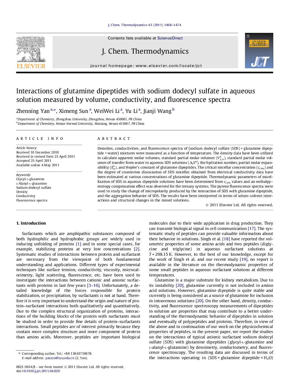 Interactions of glutamine dipeptides with sodium dodecyl sulfate in aqueous solution measured by volume, conductivity, and fluorescence spectra