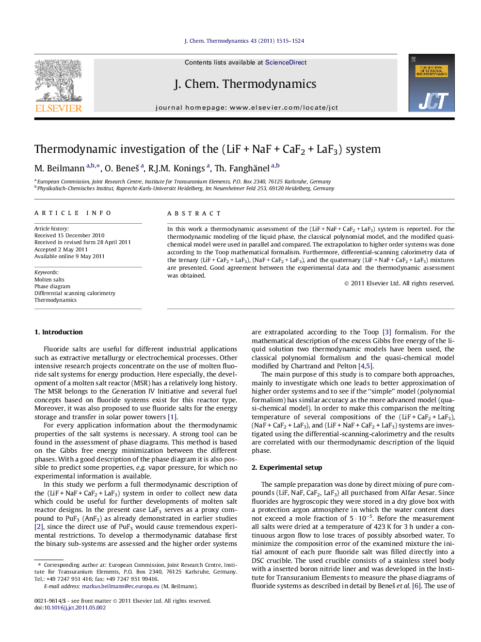 Thermodynamic investigation of the (LiF + NaF + CaF2 + LaF3) system