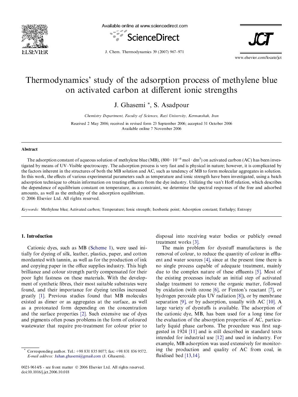 Thermodynamics’ study of the adsorption process of methylene blue on activated carbon at different ionic strengths