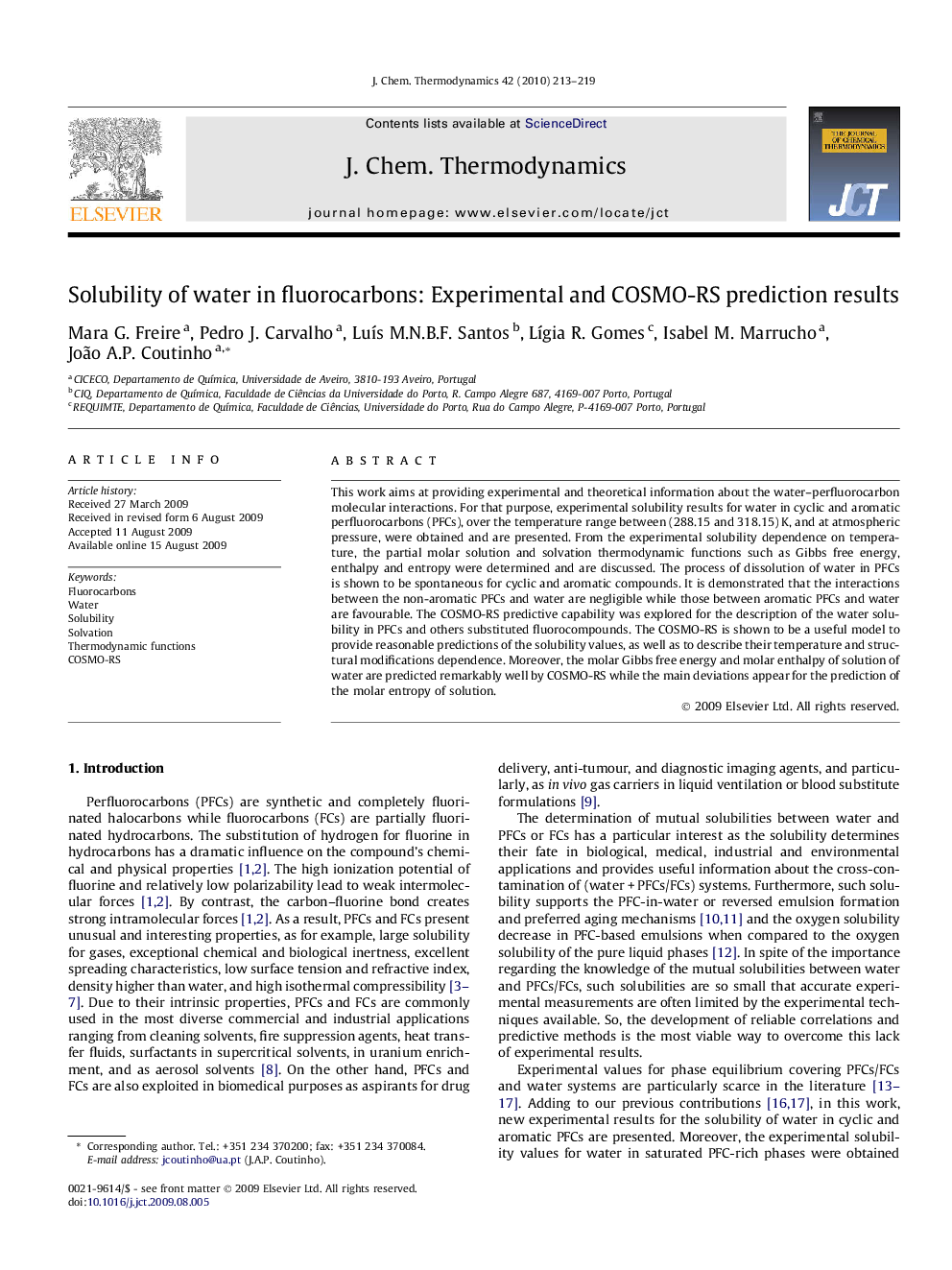 Solubility of water in fluorocarbons: Experimental and COSMO-RS prediction results