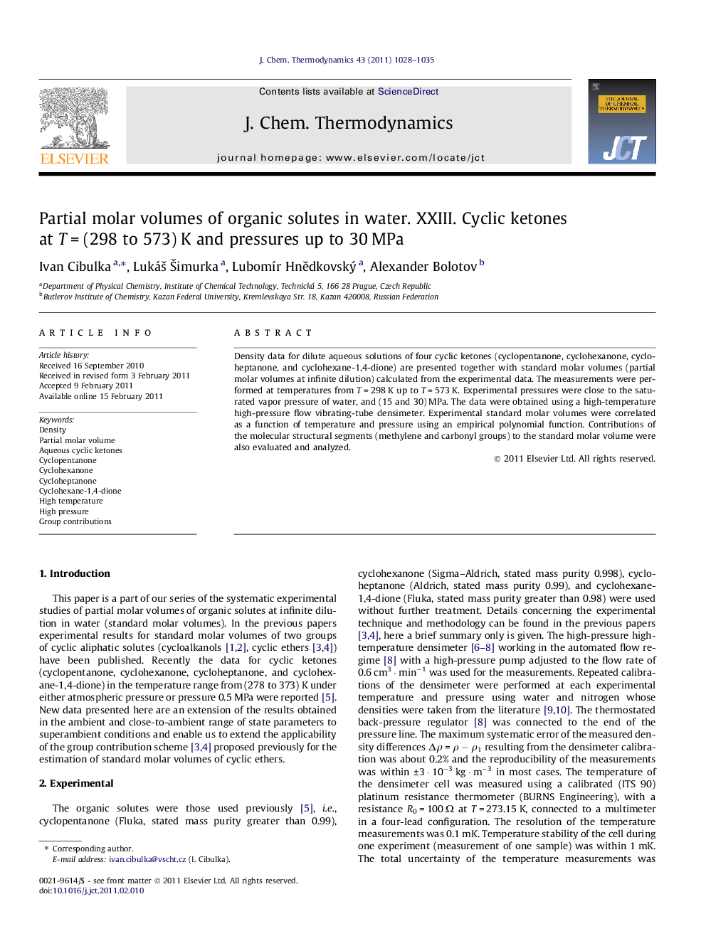 Partial molar volumes of organic solutes in water. XXIII. Cyclic ketones at T = (298 to 573) K and pressures up to 30 MPa