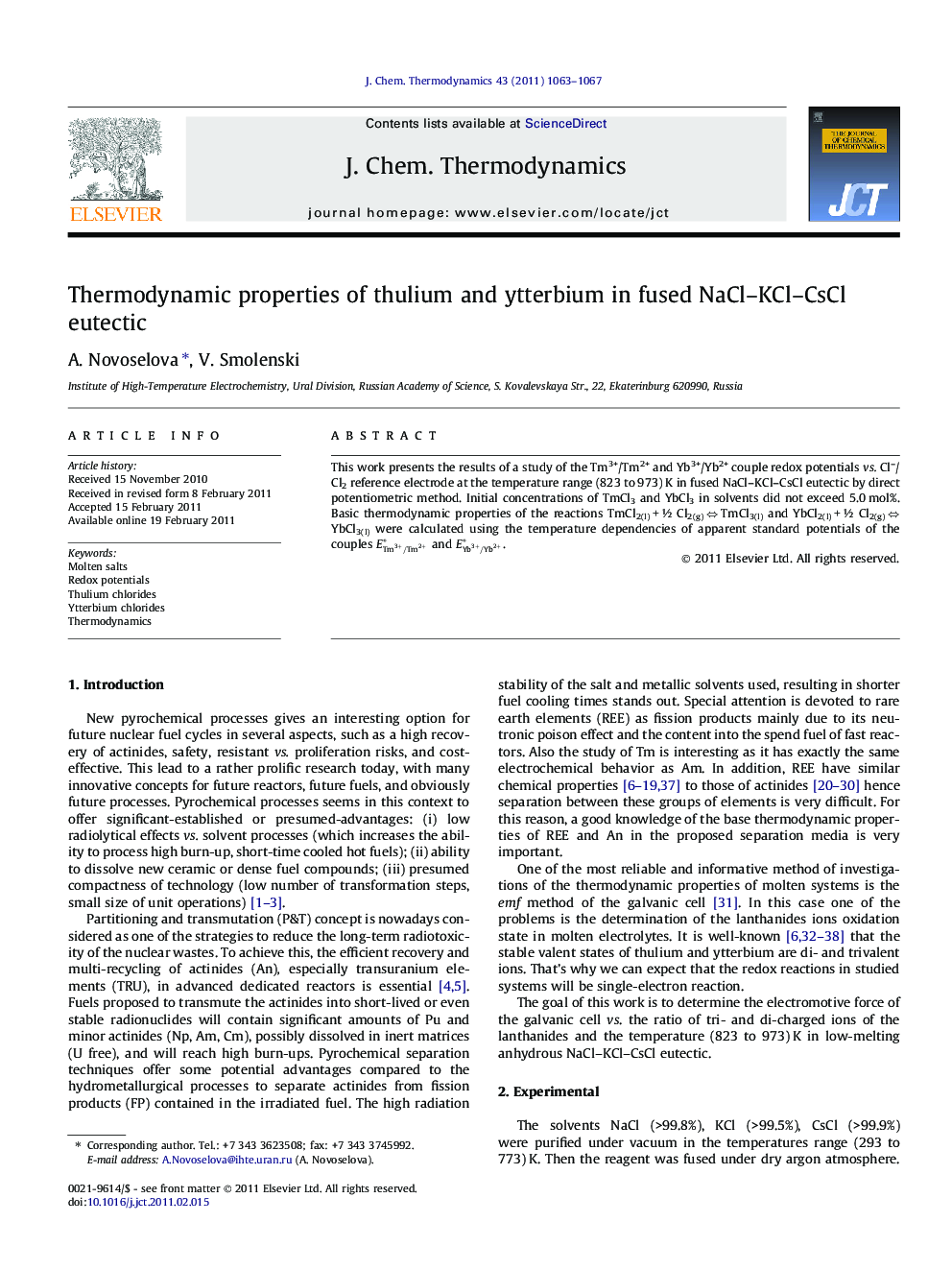 Thermodynamic properties of thulium and ytterbium in fused NaCl–KCl–CsCl eutectic