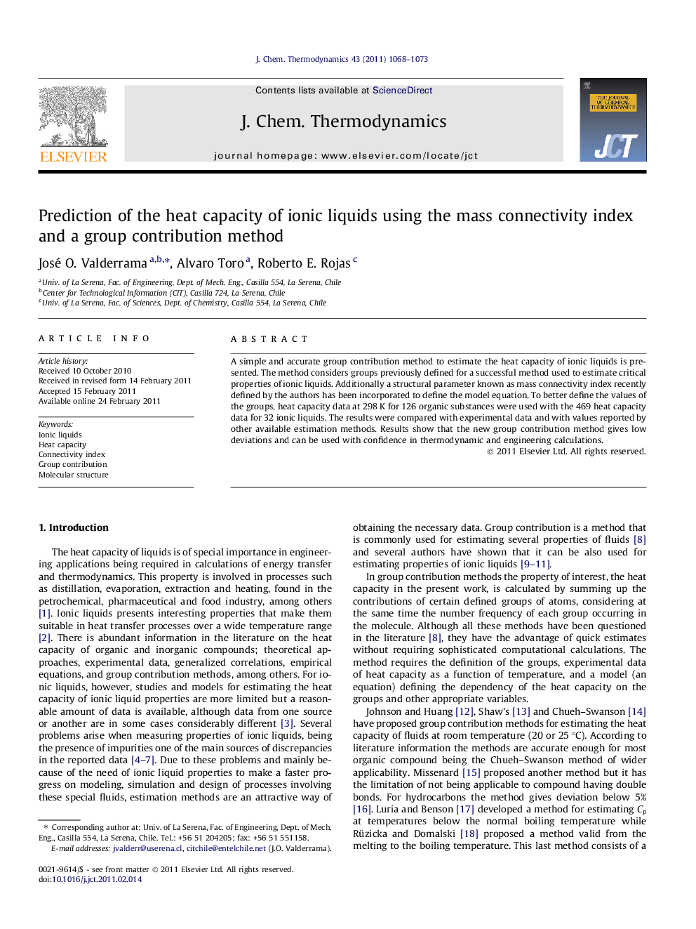 Prediction of the heat capacity of ionic liquids using the mass connectivity index and a group contribution method