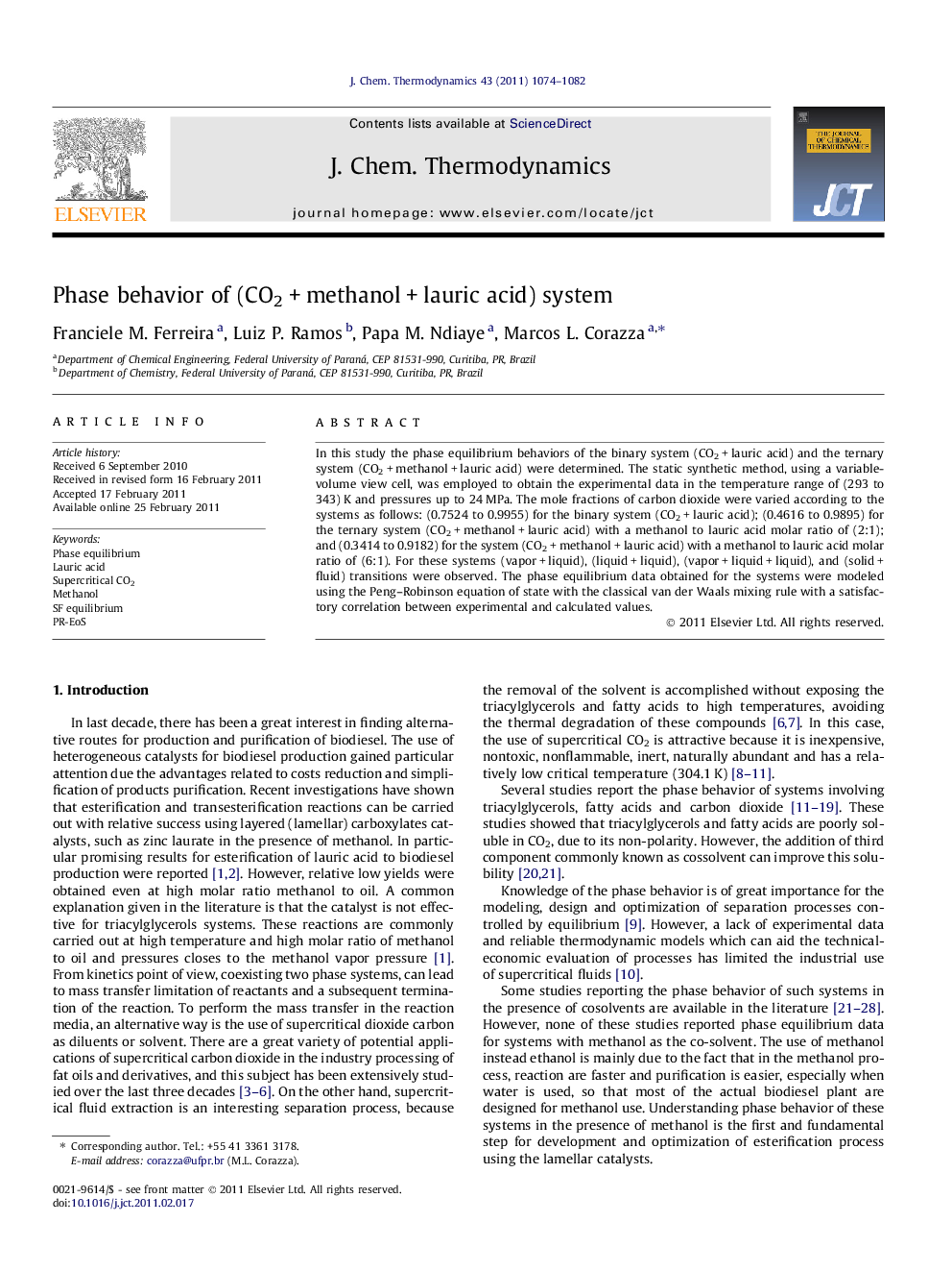 Phase behavior of (CO2 + methanol + lauric acid) system