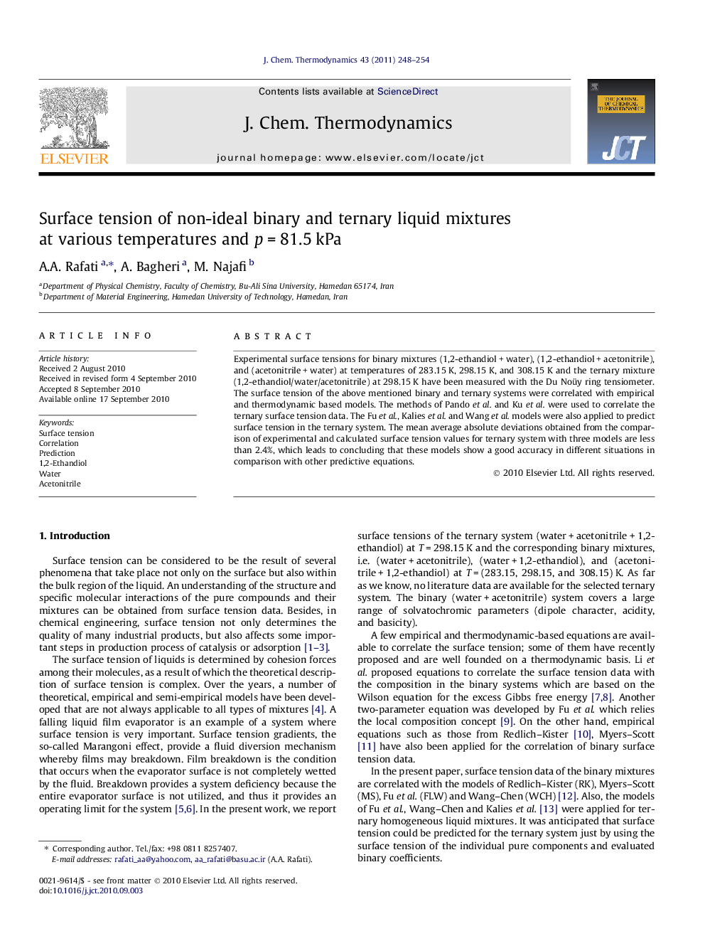 عکس صفحه اول مقاله: Surface tension of non-ideal binary and ternary liquid mixtures at various temperatures and p = 81.5 kPa Surface tension of non-ideal binary and ternary liquid mixtures at various temperatures and p = 81.5 kPa