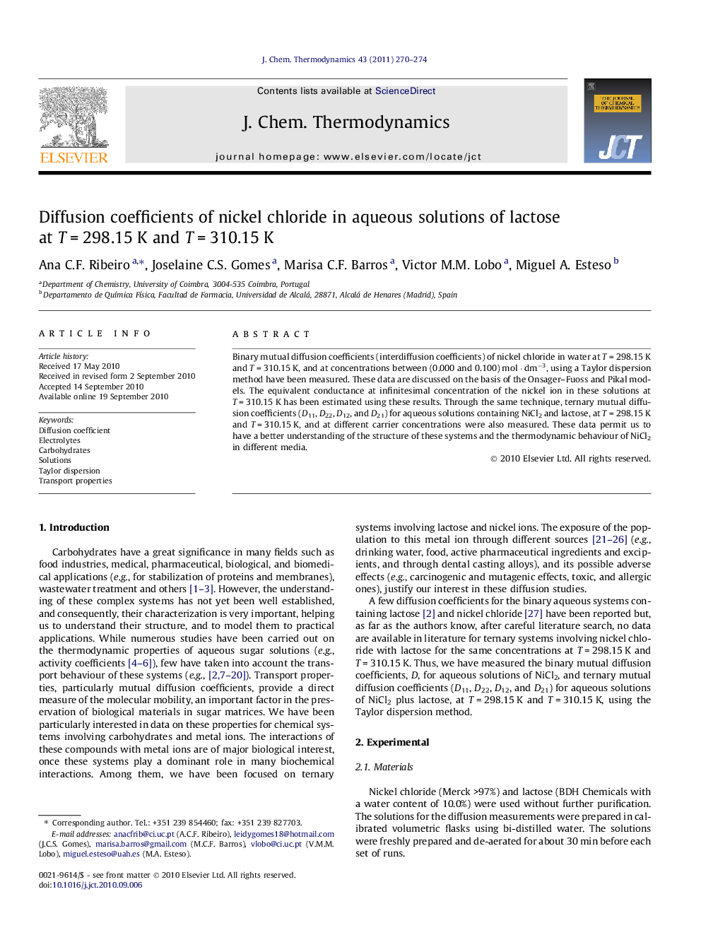 Diffusion coefficients of nickel chloride in aqueous solutions of lactose at T = 298.15 K and T = 310.15 K