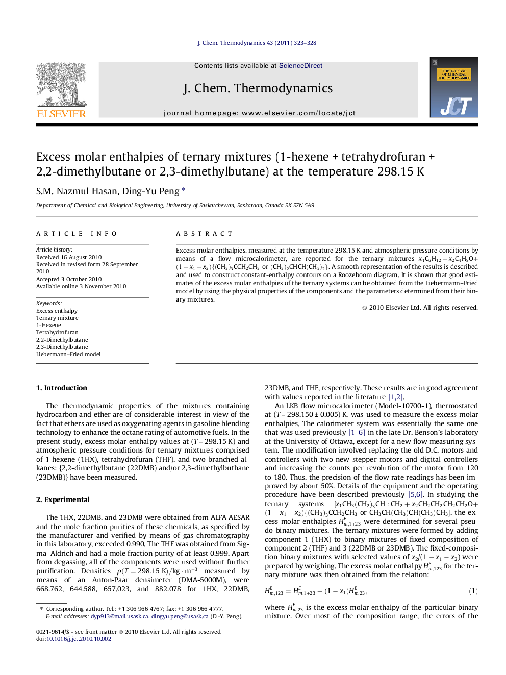Excess molar enthalpies of ternary mixtures (1-hexeneÂ +Â tetrahydrofuranÂ +Â 2,2-dimethylbutane or 2,3-dimethylbutane) at the temperature 298.15Â K