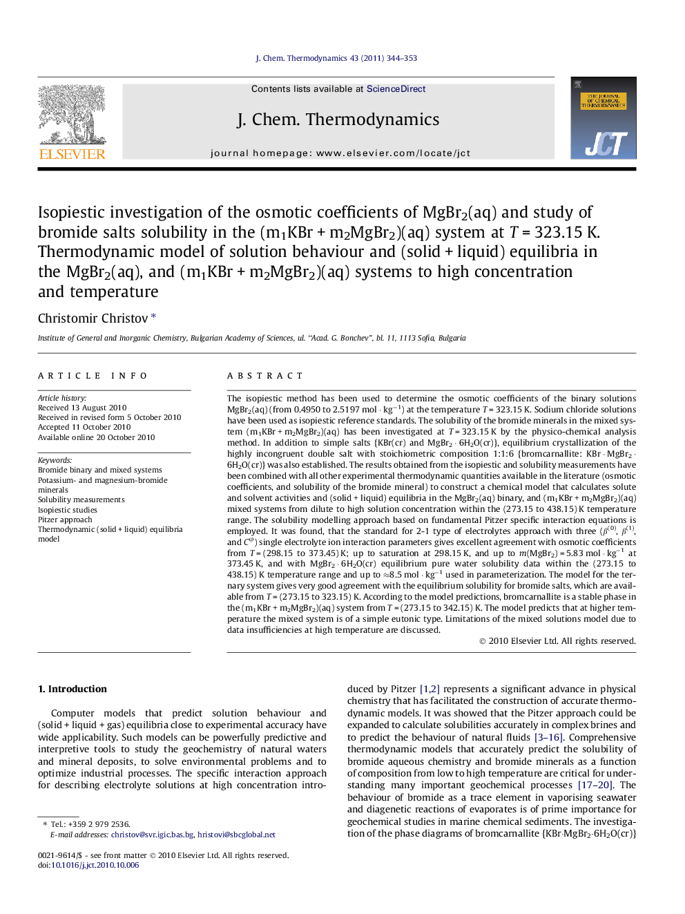 Isopiestic investigation of the osmotic coefficients of MgBr2(aq) and study of bromide salts solubility in the (m1KBr + m2MgBr2)(aq) system at T = 323.15 K. Thermodynamic model of solution behaviour and (solid + liquid) equilibria in the MgBr2(aq), and (m