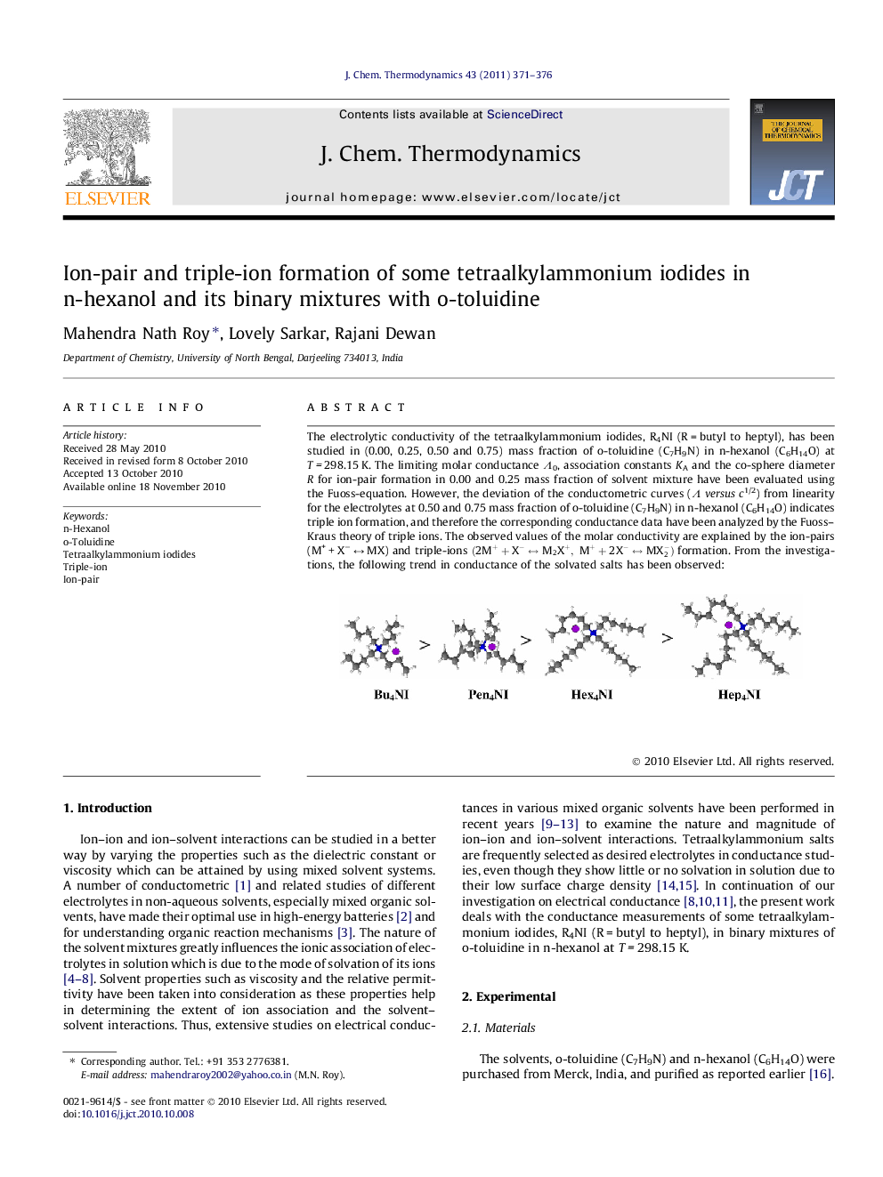 Ion-pair and triple-ion formation of some tetraalkylammonium iodides in n-hexanol and its binary mixtures with o-toluidine