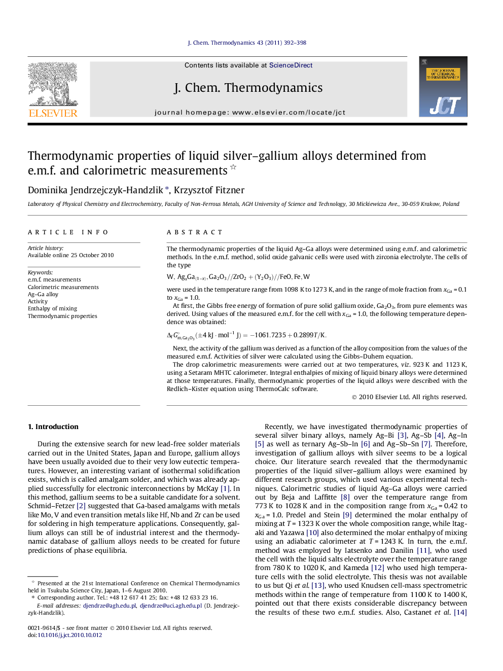 Thermodynamic properties of liquid silver–gallium alloys determined from e.m.f. and calorimetric measurements 