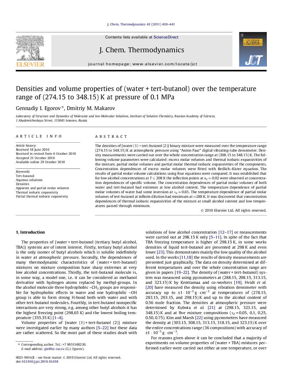 Densities and volume properties of (water + tert-butanol) over the temperature range of (274.15 to 348.15) K at pressure of 0.1 MPa