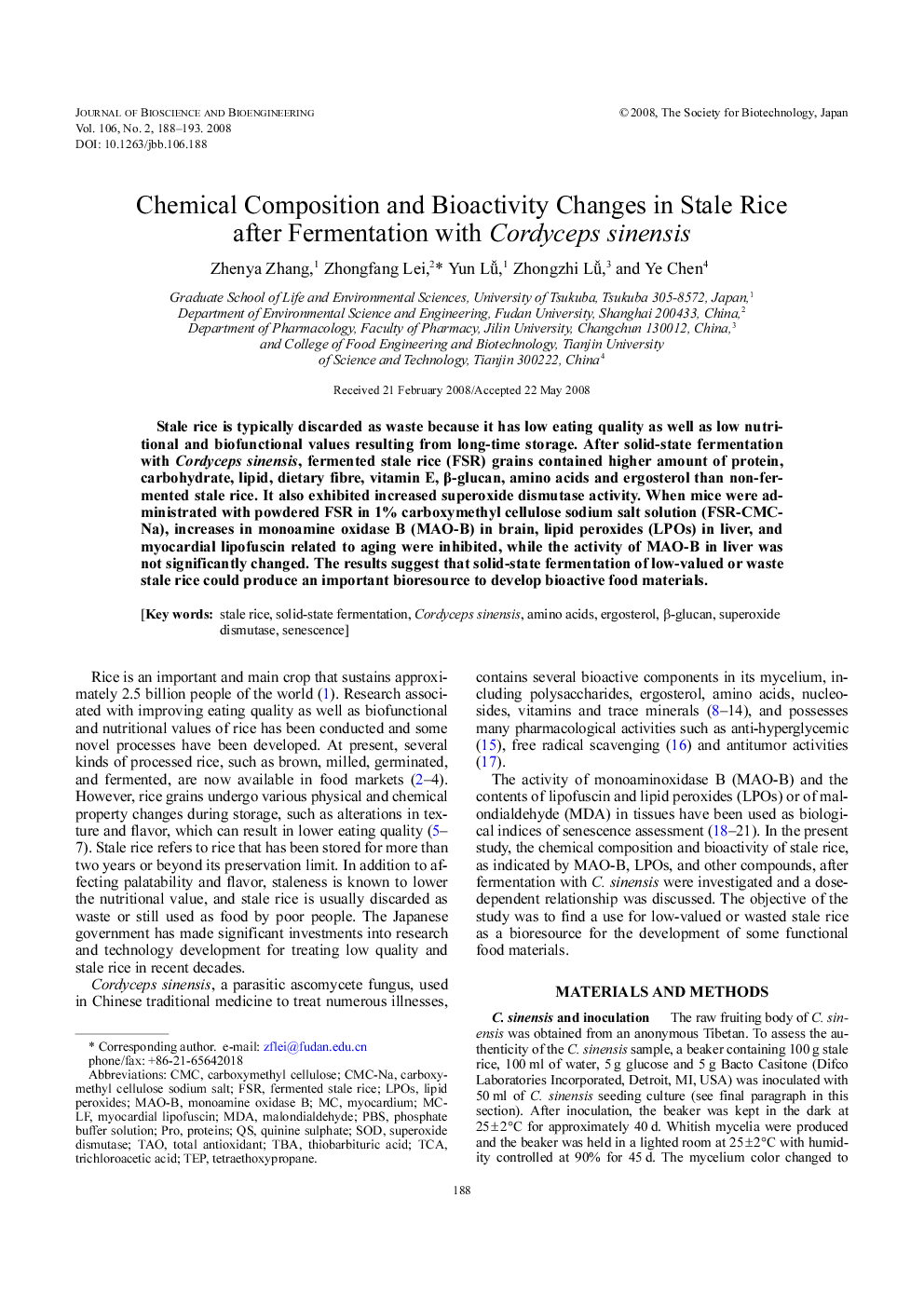 Chemical composition and bioactivity changes in stale rice after fermentation with Cordyceps sinensis