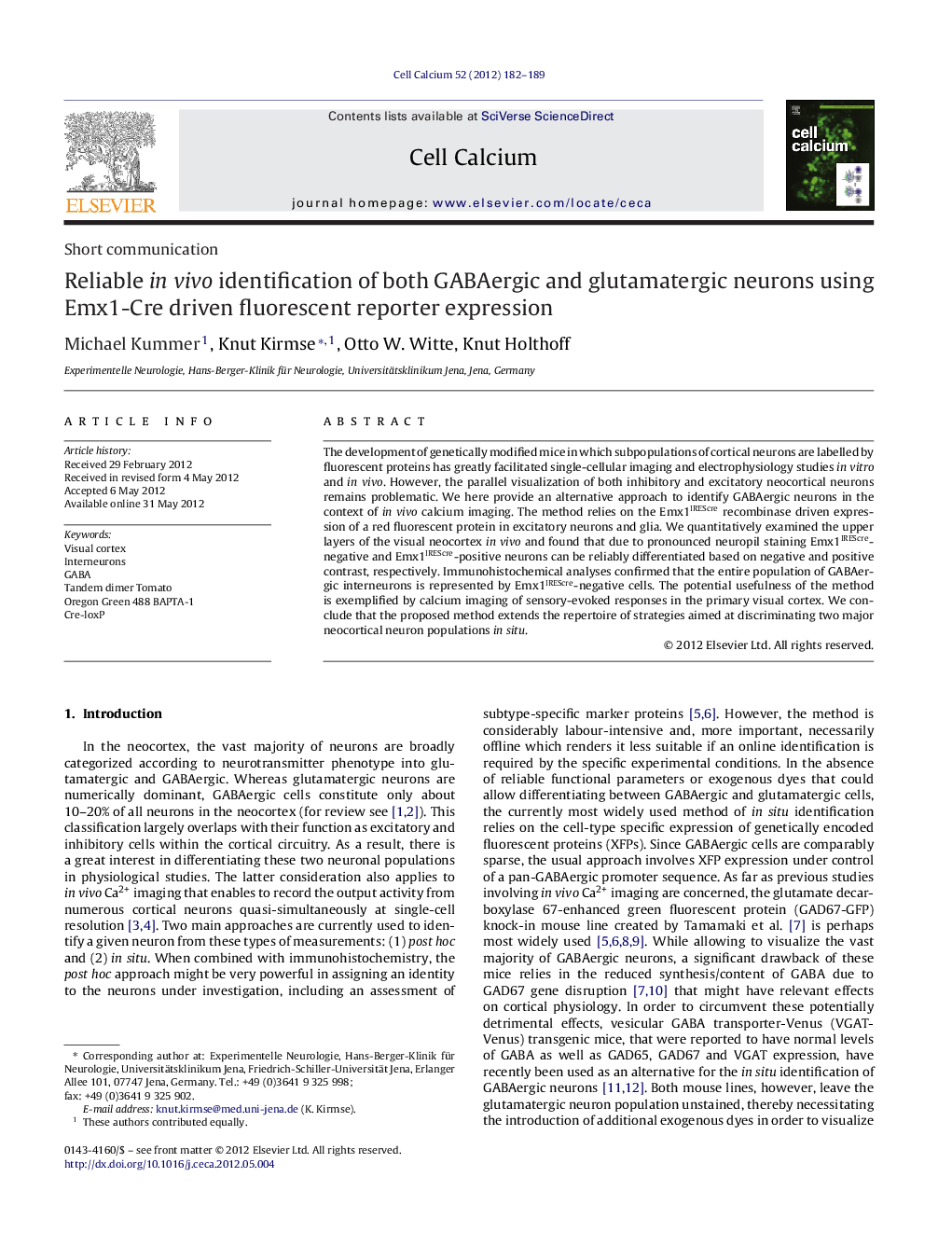 Reliable in vivo identification of both GABAergic and glutamatergic neurons using Emx1-Cre driven fluorescent reporter expression