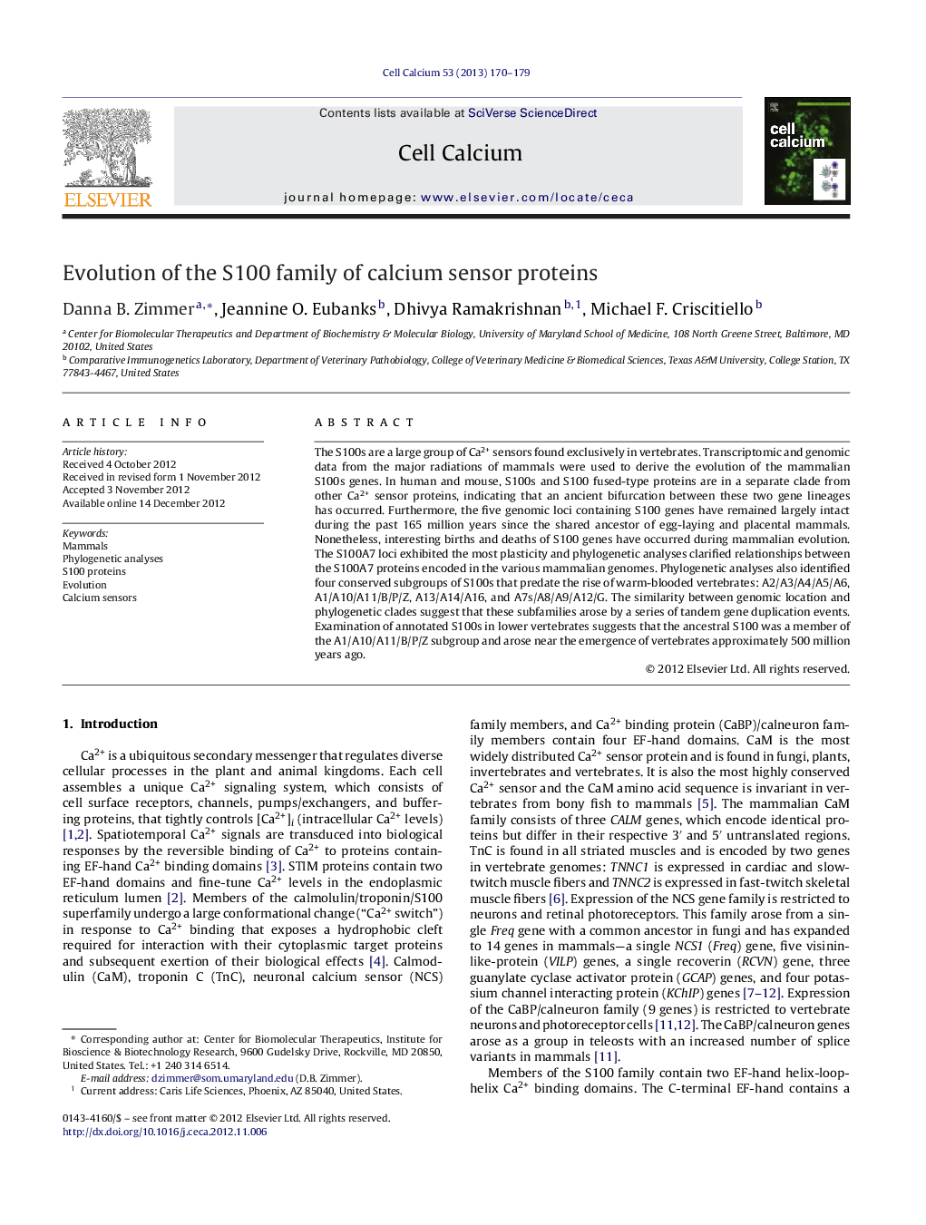 Evolution of the S100 family of calcium sensor proteins