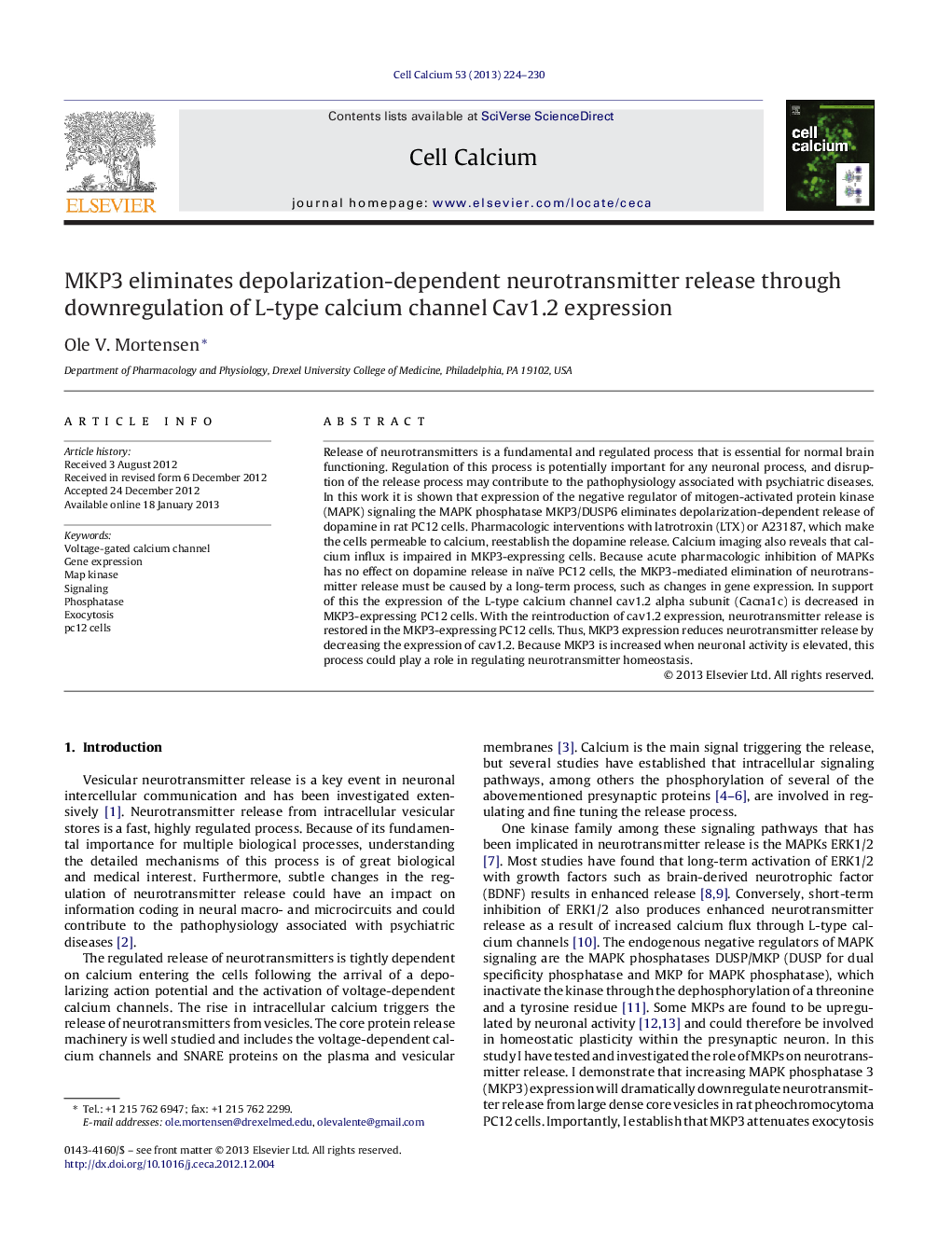 MKP3 eliminates depolarization-dependent neurotransmitter release through downregulation of L-type calcium channel Cav1.2 expression