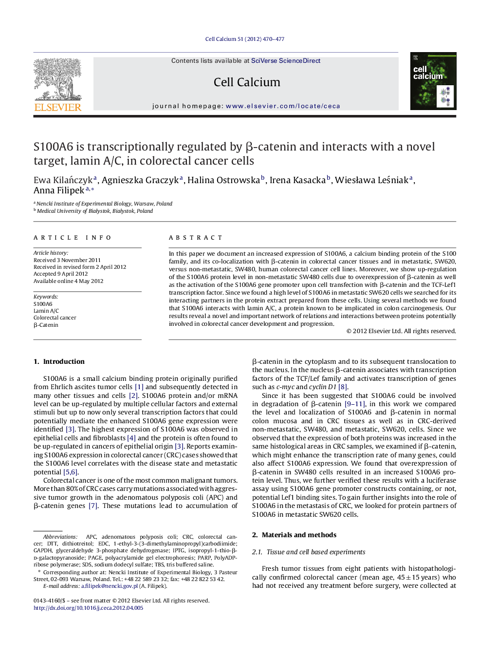 S100A6 is transcriptionally regulated by β-catenin and interacts with a novel target, lamin A/C, in colorectal cancer cells