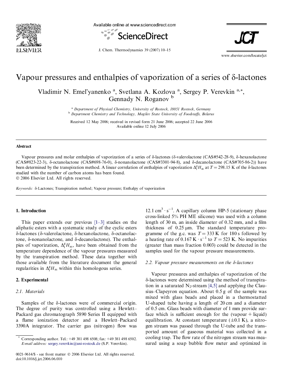 عکس صفحه اول مقاله: Vapour pressures and enthalpies of vaporization of a series of δ-lactones Vapour pressures and enthalpies of vaporization of a series of δ-lactones