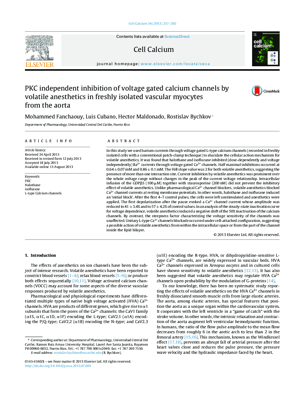 PKC independent inhibition of voltage gated calcium channels by volatile anesthetics in freshly isolated vascular myocytes from the aorta