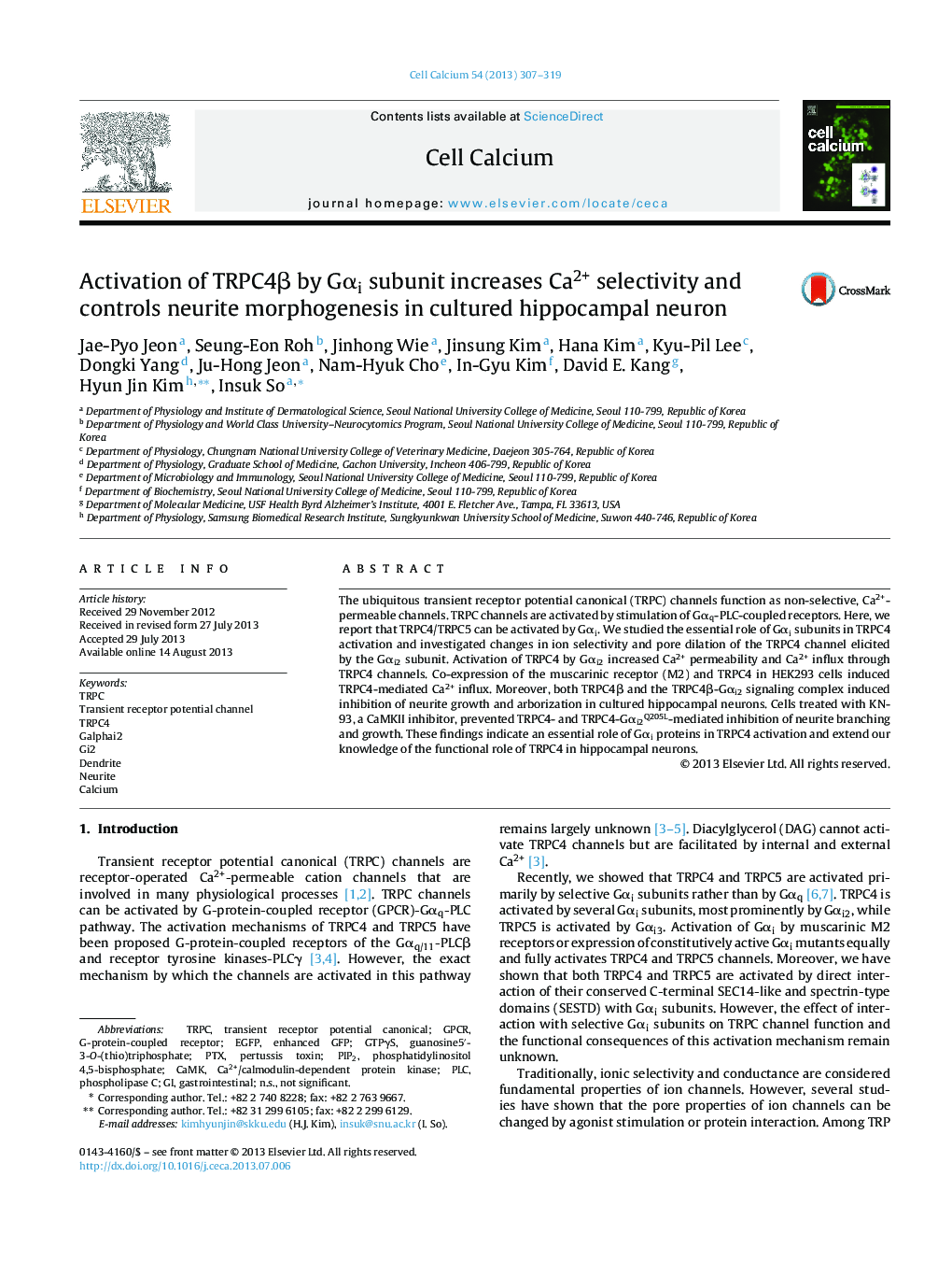 Activation of TRPC4β by Gαi subunit increases Ca2+ selectivity and controls neurite morphogenesis in cultured hippocampal neuron