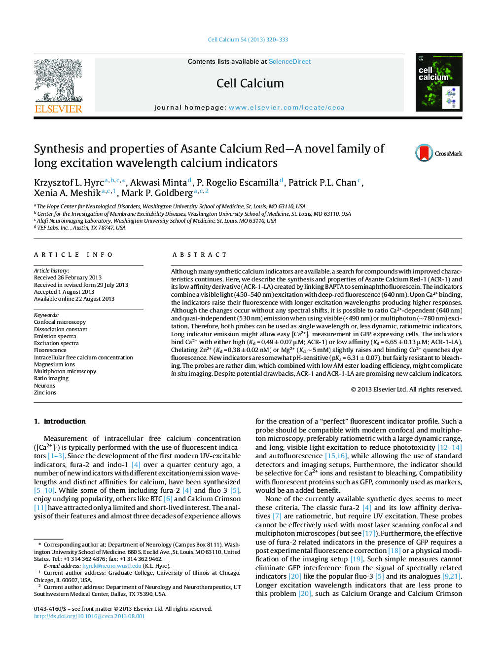 Synthesis and properties of Asante Calcium Red—A novel family of long excitation wavelength calcium indicators