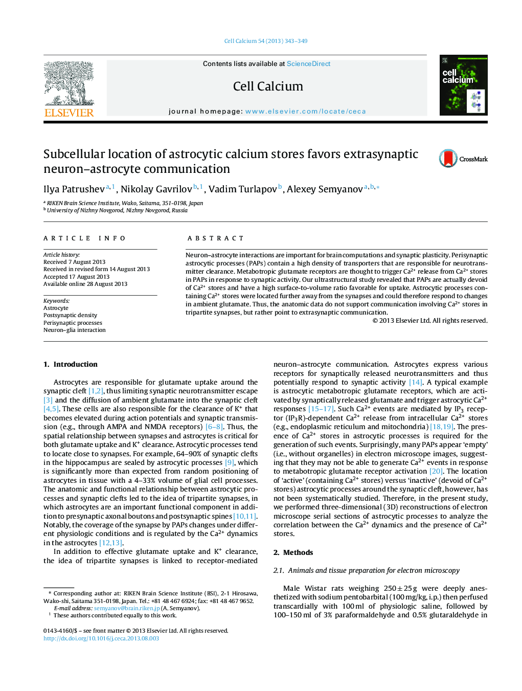 Subcellular location of astrocytic calcium stores favors extrasynaptic neuron–astrocyte communication