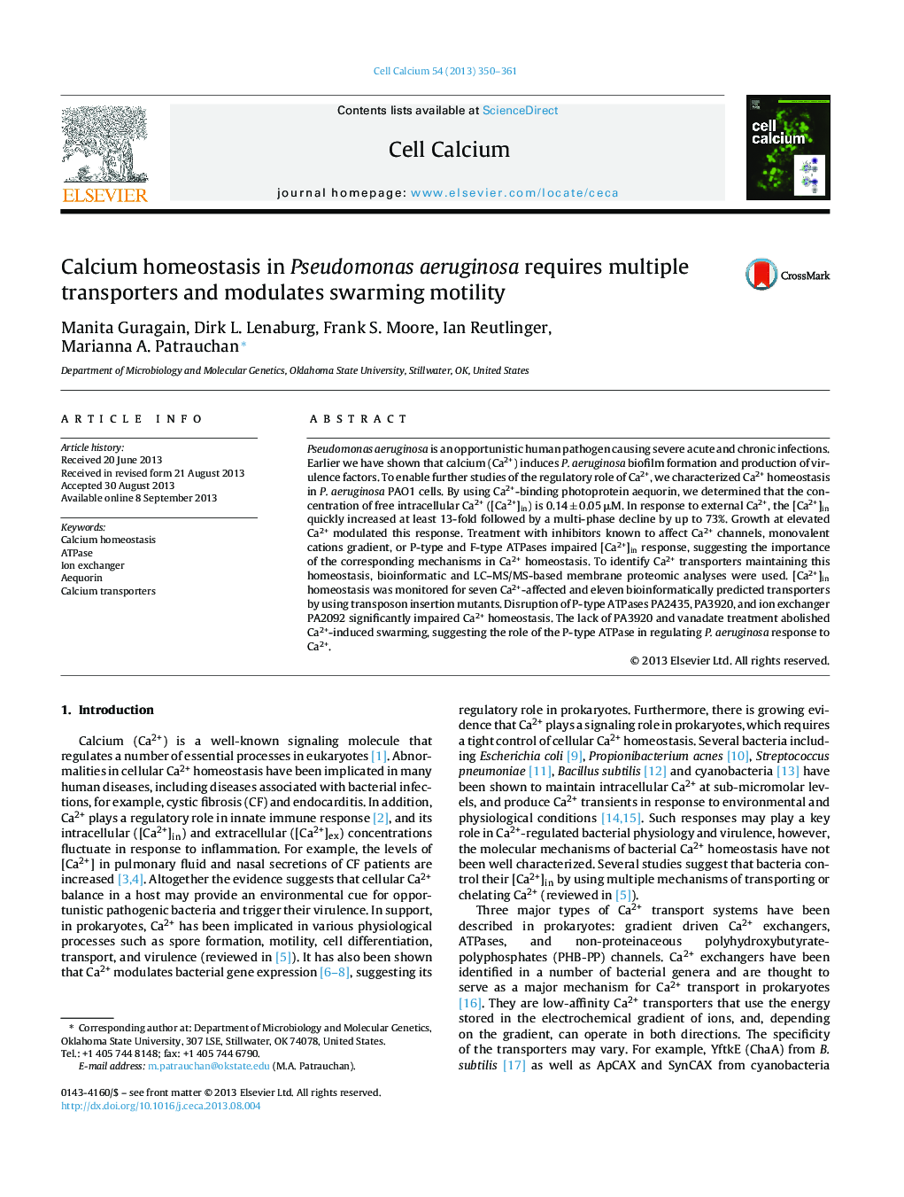 Calcium homeostasis in Pseudomonas aeruginosa requires multiple transporters and modulates swarming motility