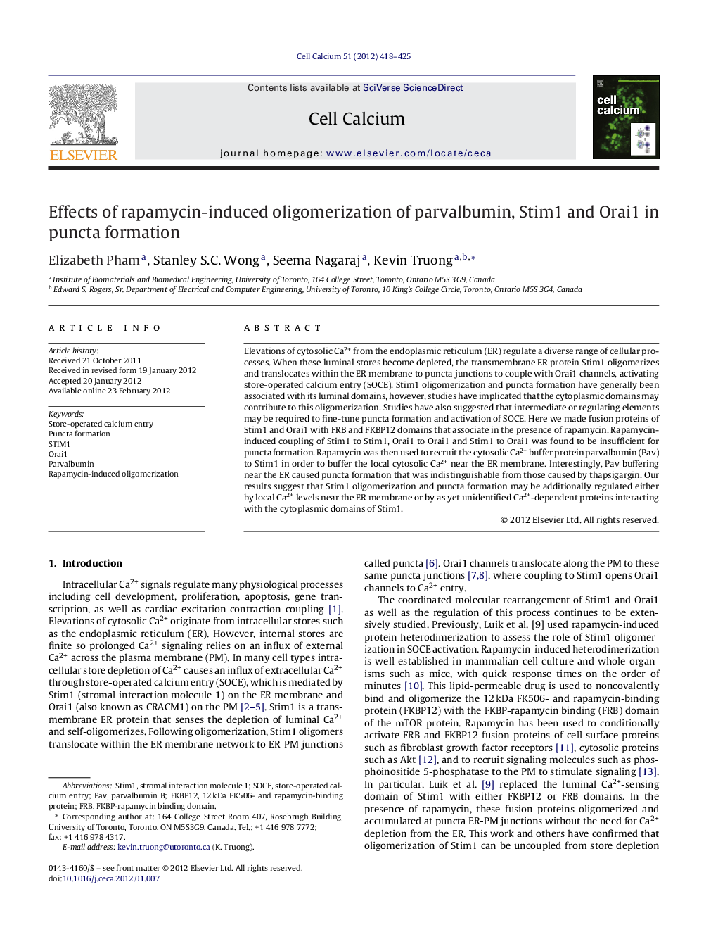 Effects of rapamycin-induced oligomerization of parvalbumin, Stim1 and Orai1 in puncta formation