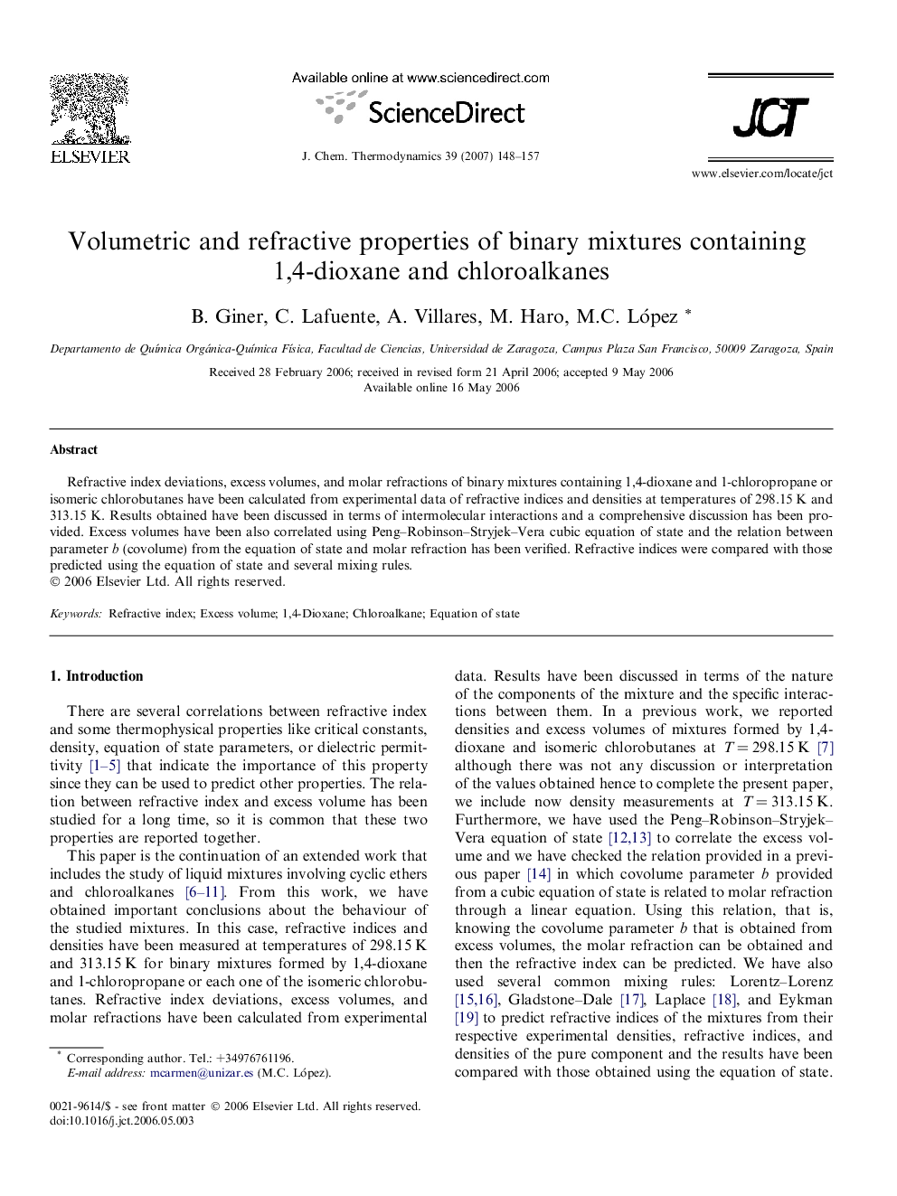 Volumetric and refractive properties of binary mixtures containing 1,4-dioxane and chloroalkanes