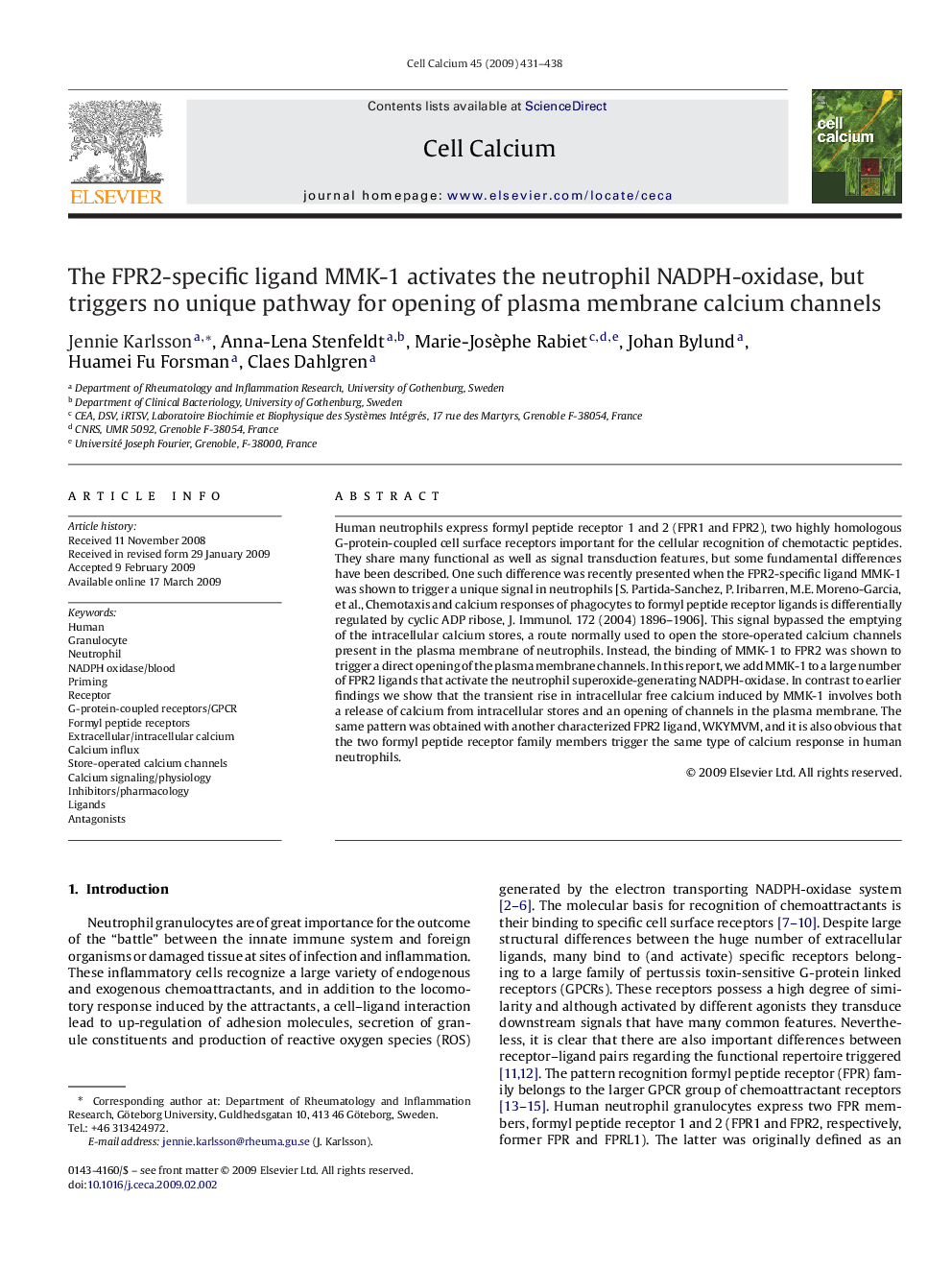 The FPR2-specific ligand MMK-1 activates the neutrophil NADPH-oxidase, but triggers no unique pathway for opening of plasma membrane calcium channels