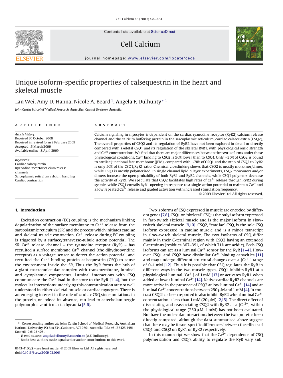 Unique isoform-specific properties of calsequestrin in the heart and skeletal muscle