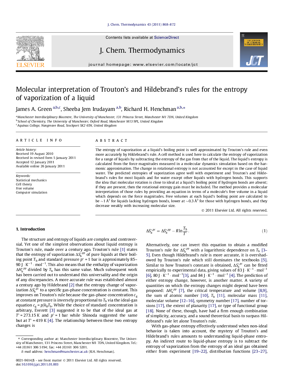 عکس صفحه اول مقاله: Molecular interpretation of Trouton’s and Hildebrand’s rules for the entropy of vaporization of a liquid Molecular interpretation of Trouton’s and Hildebrand’s rules for the entropy of vaporization of a liquid