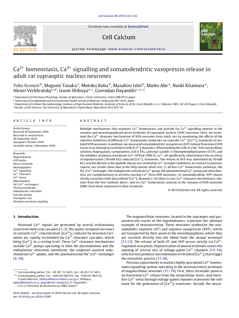 Ca2+ homeostasis, Ca2+ signalling and somatodendritic vasopressin release in adult rat supraoptic nucleus neurones