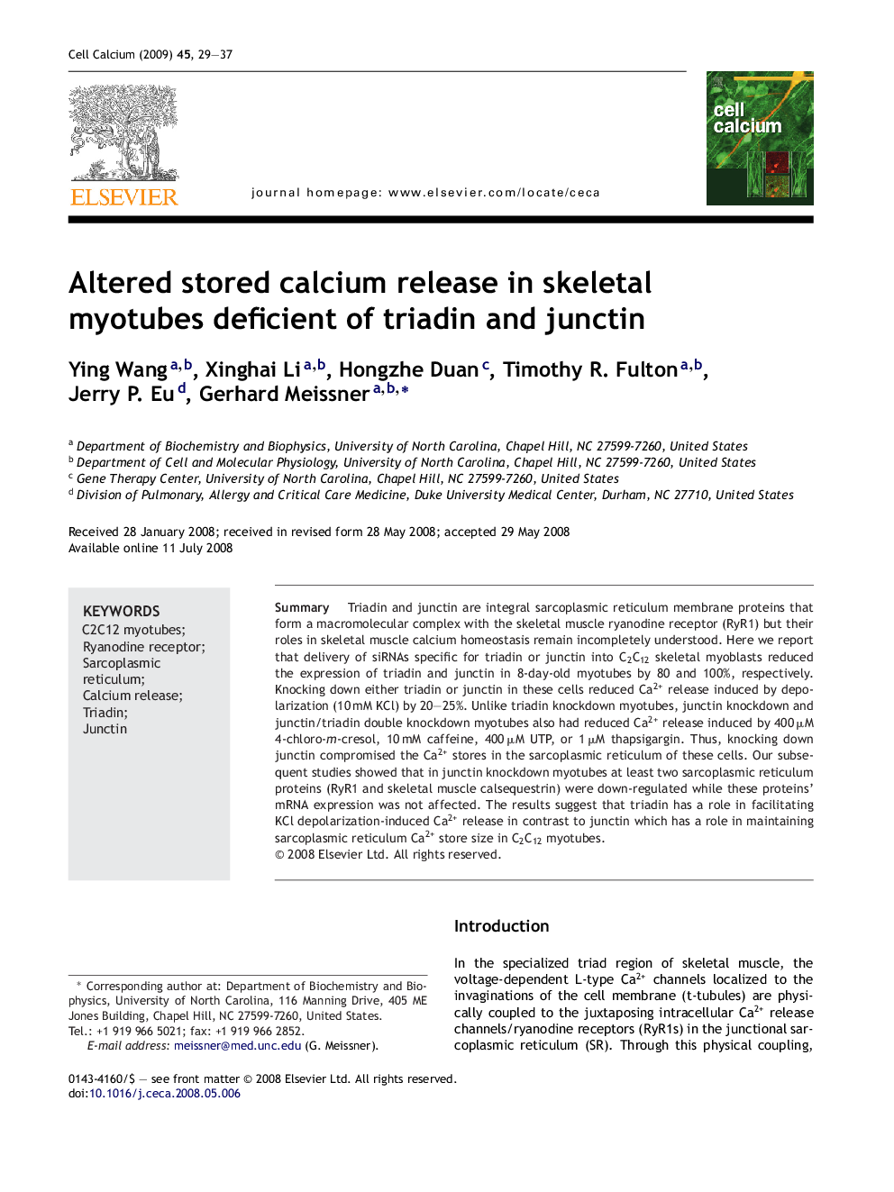 Altered stored calcium release in skeletal myotubes deficient of triadin and junctin