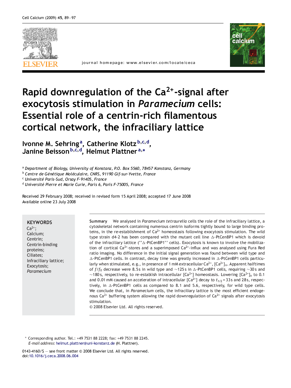 Rapid downregulation of the Ca2+-signal after exocytosis stimulation in Paramecium cells: Essential role of a centrin-rich filamentous cortical network, the infraciliary lattice