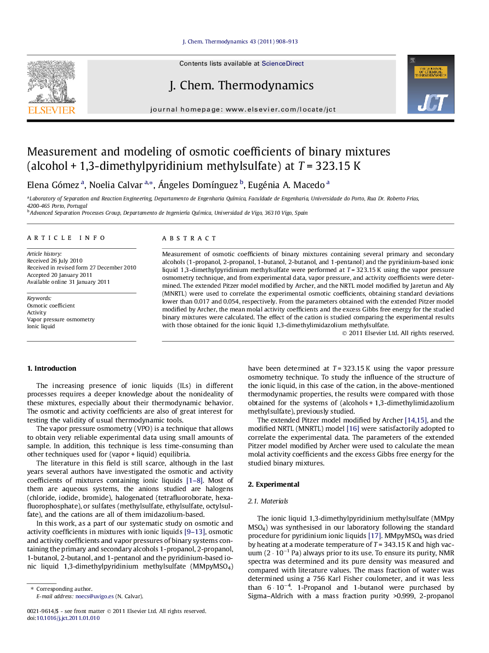 Measurement and modeling of osmotic coefficients of binary mixtures (alcohol + 1,3-dimethylpyridinium methylsulfate) at T = 323.15 K