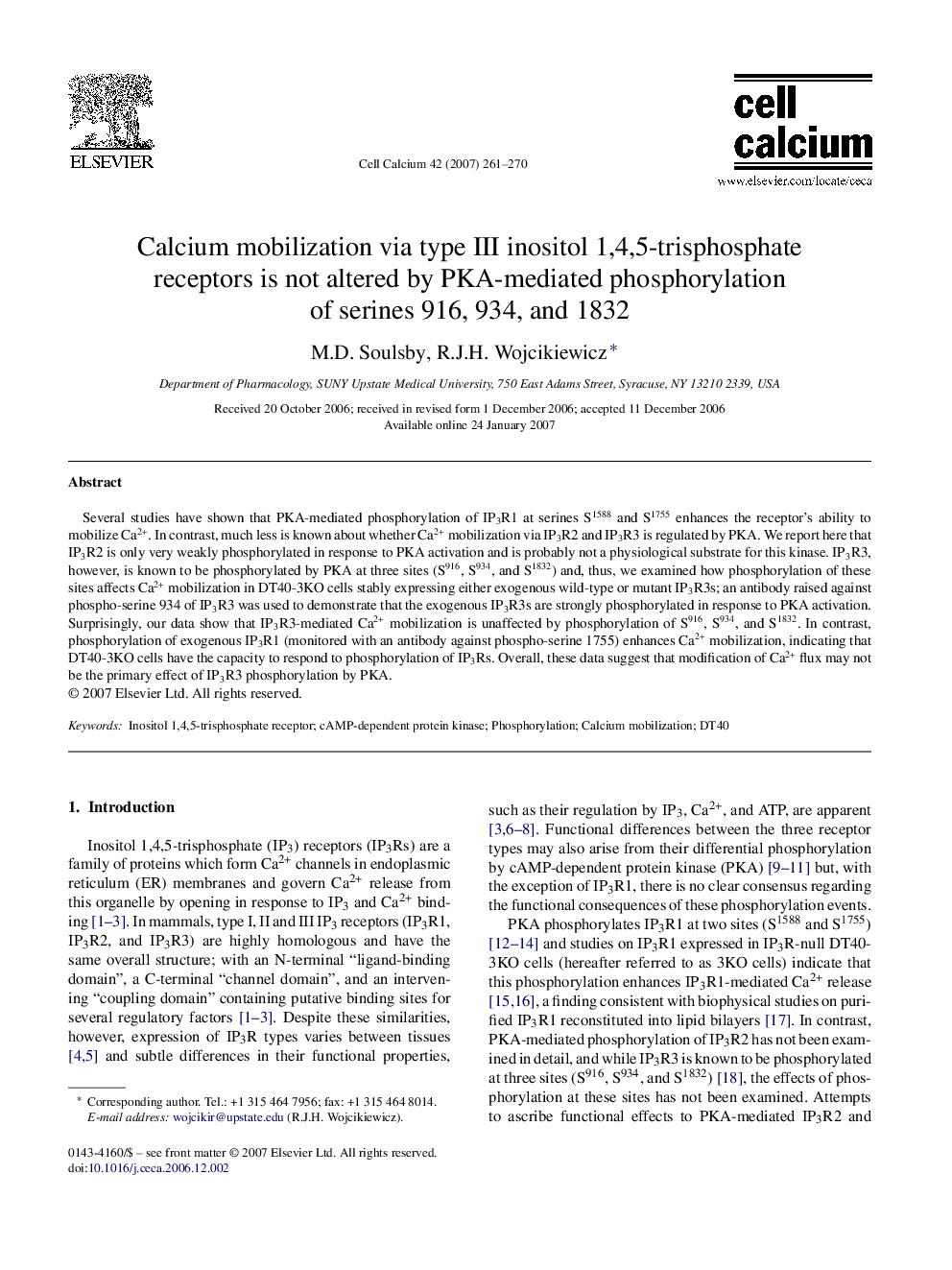 Calcium mobilization via type III inositol 1,4,5-trisphosphate receptors is not altered by PKA-mediated phosphorylation of serines 916, 934, and 1832