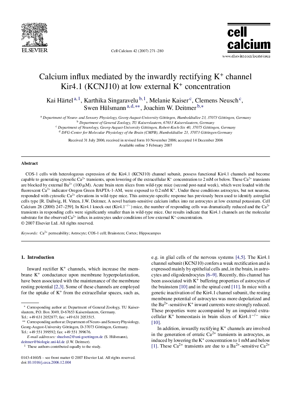 Calcium influx mediated by the inwardly rectifying K+ channel Kir4.1 (KCNJ10) at low external K+ concentration