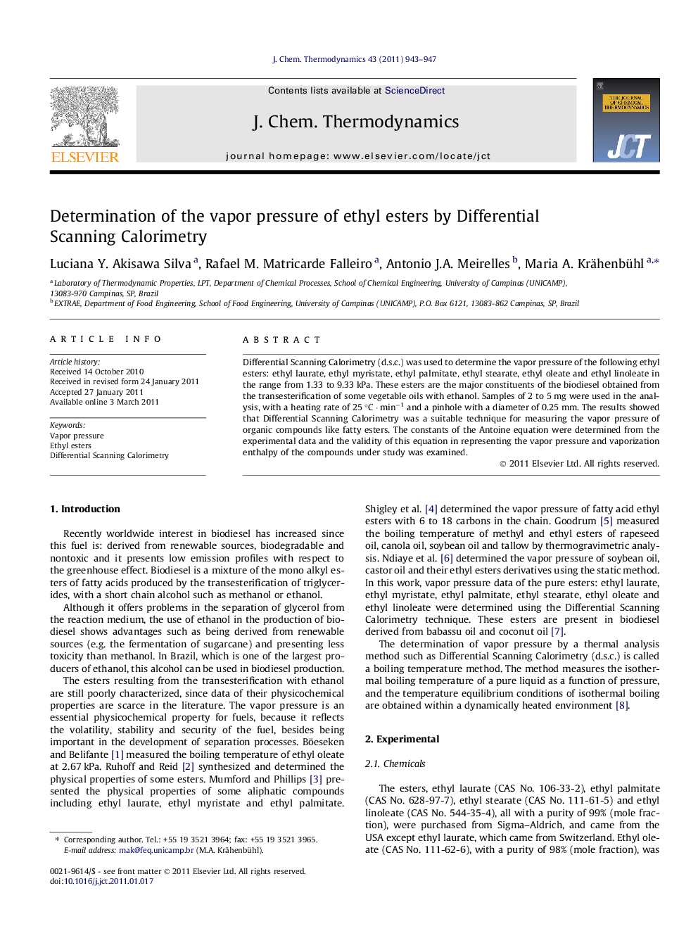 Determination of the vapor pressure of ethyl esters by Differential Scanning Calorimetry