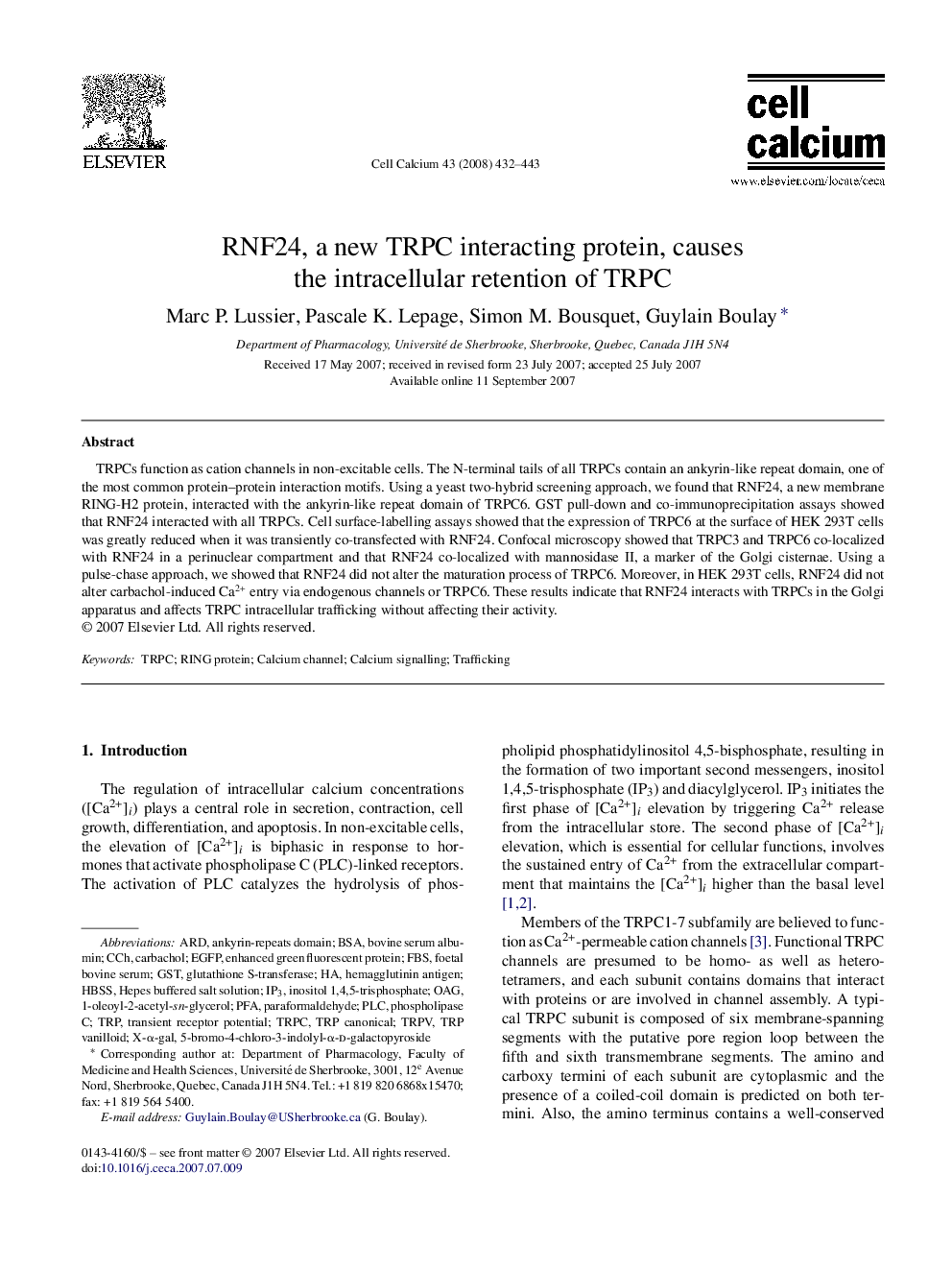 RNF24, a new TRPC interacting protein, causes the intracellular retention of TRPC