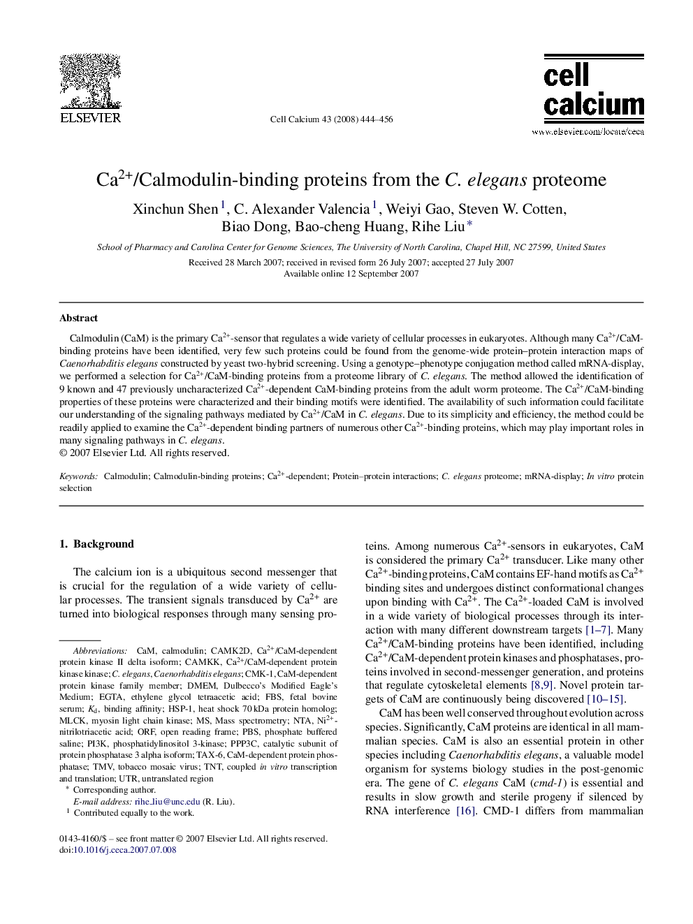 Ca2+/Calmodulin-binding proteins from the C. elegans proteome