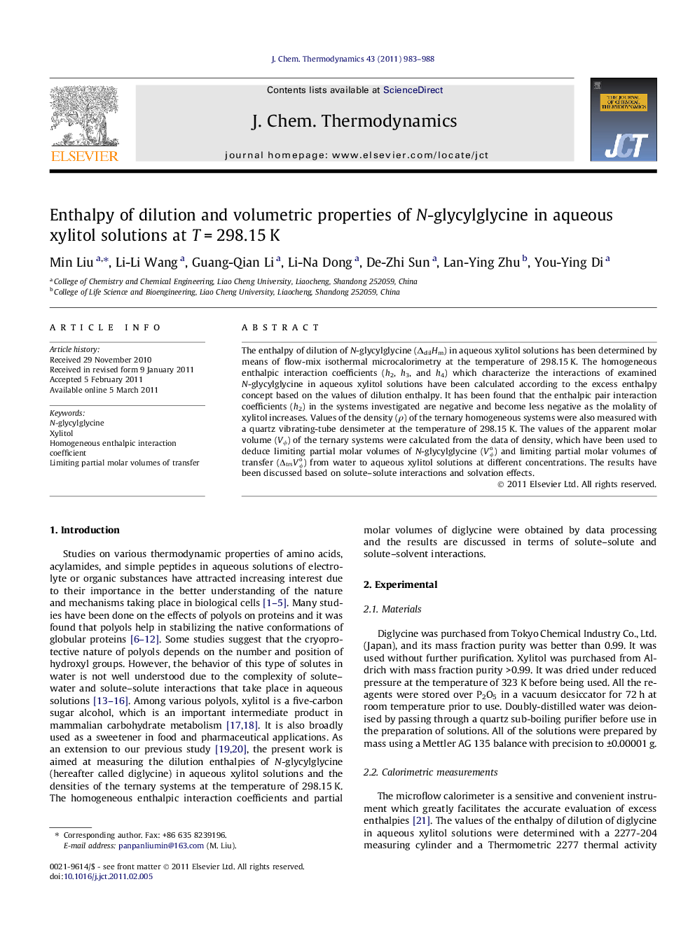 عکس صفحه اول مقاله: Enthalpy of dilution and volumetric properties of N-glycylglycine in aqueous xylitol solutions at T = 298.15 K Enthalpy of dilution and volumetric properties of N-glycylglycine in aqueous xylitol solutions at T = 298.15 K