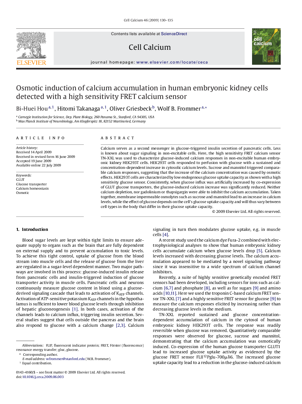 Osmotic induction of calcium accumulation in human embryonic kidney cells detected with a high sensitivity FRET calcium sensor