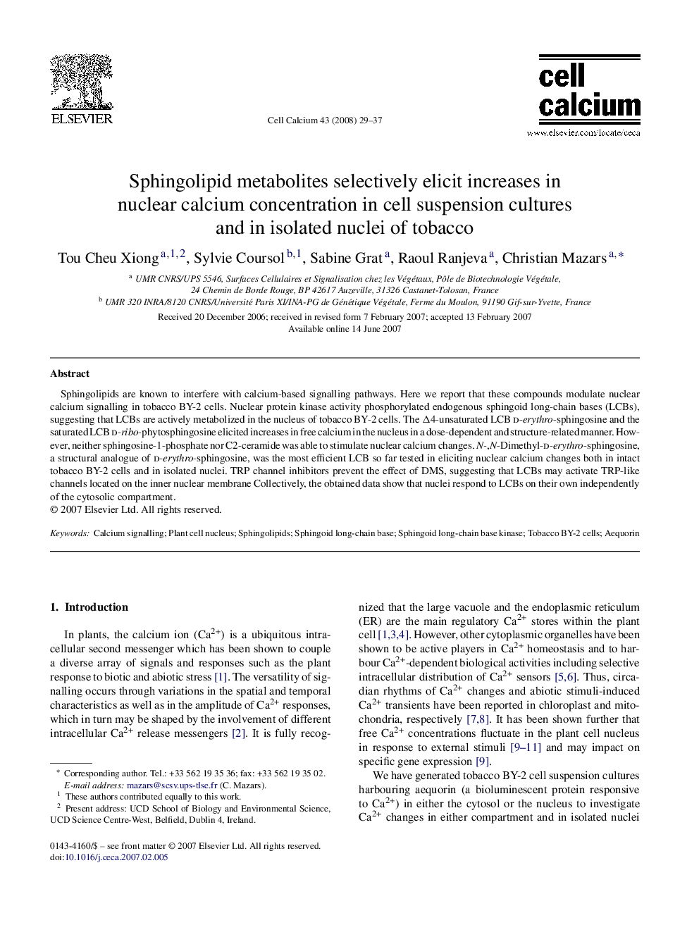 Sphingolipid metabolites selectively elicit increases in nuclear calcium concentration in cell suspension cultures and in isolated nuclei of tobacco