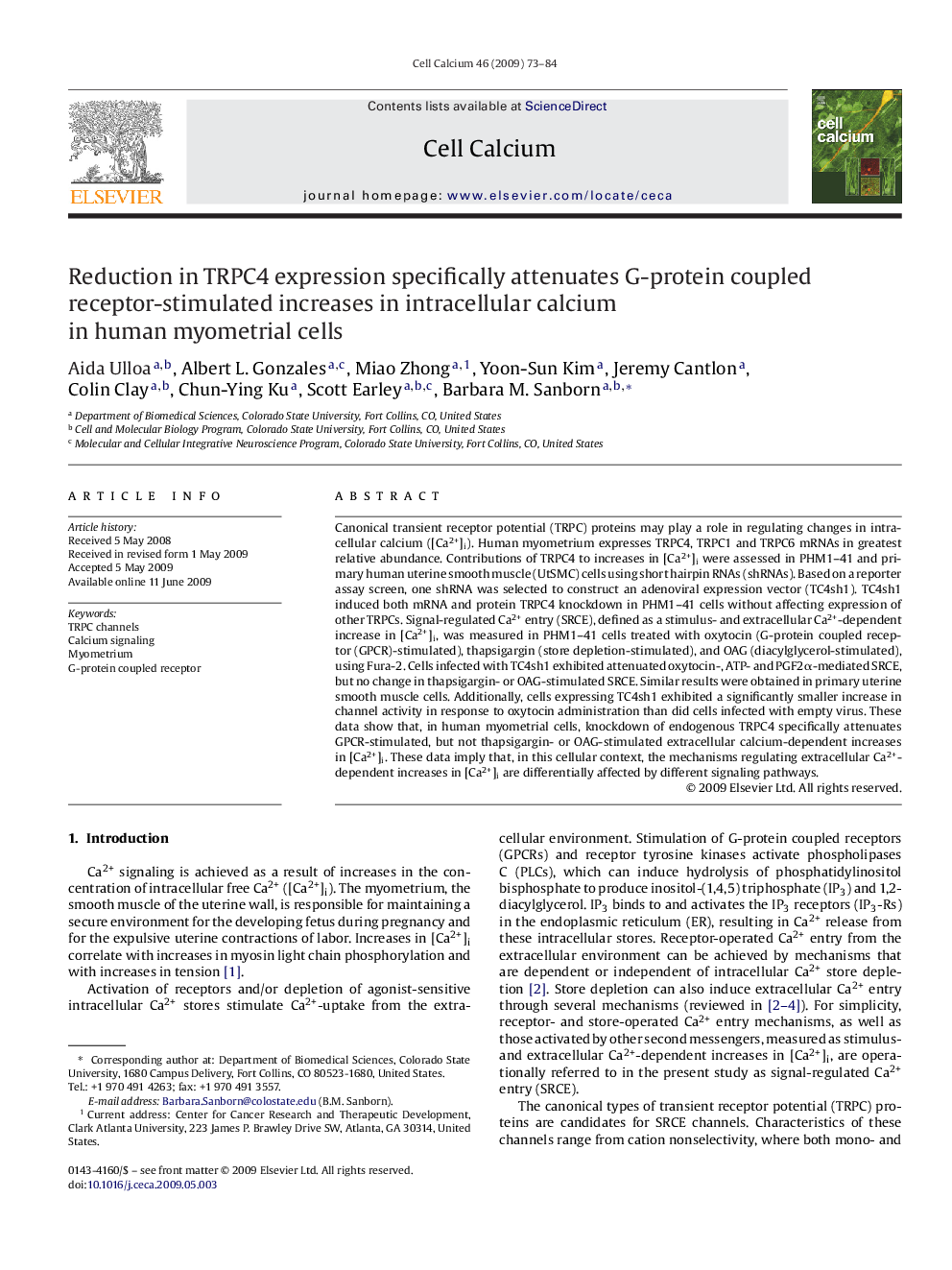 Reduction in TRPC4 expression specifically attenuates G-protein coupled receptor-stimulated increases in intracellular calcium in human myometrial cells