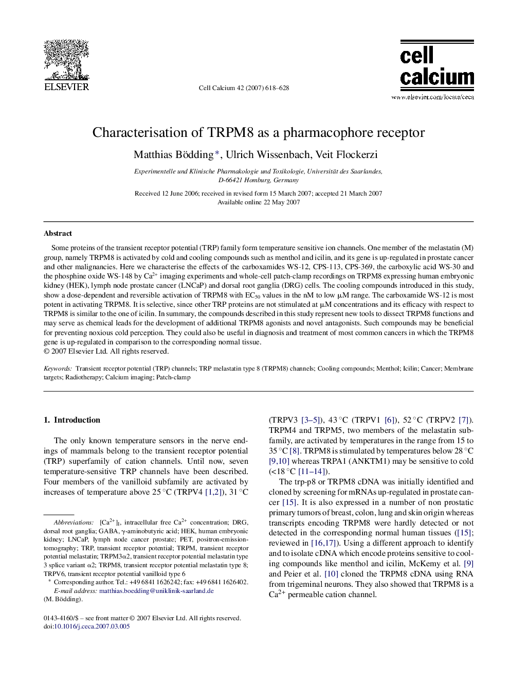 Characterisation of TRPM8 as a pharmacophore receptor