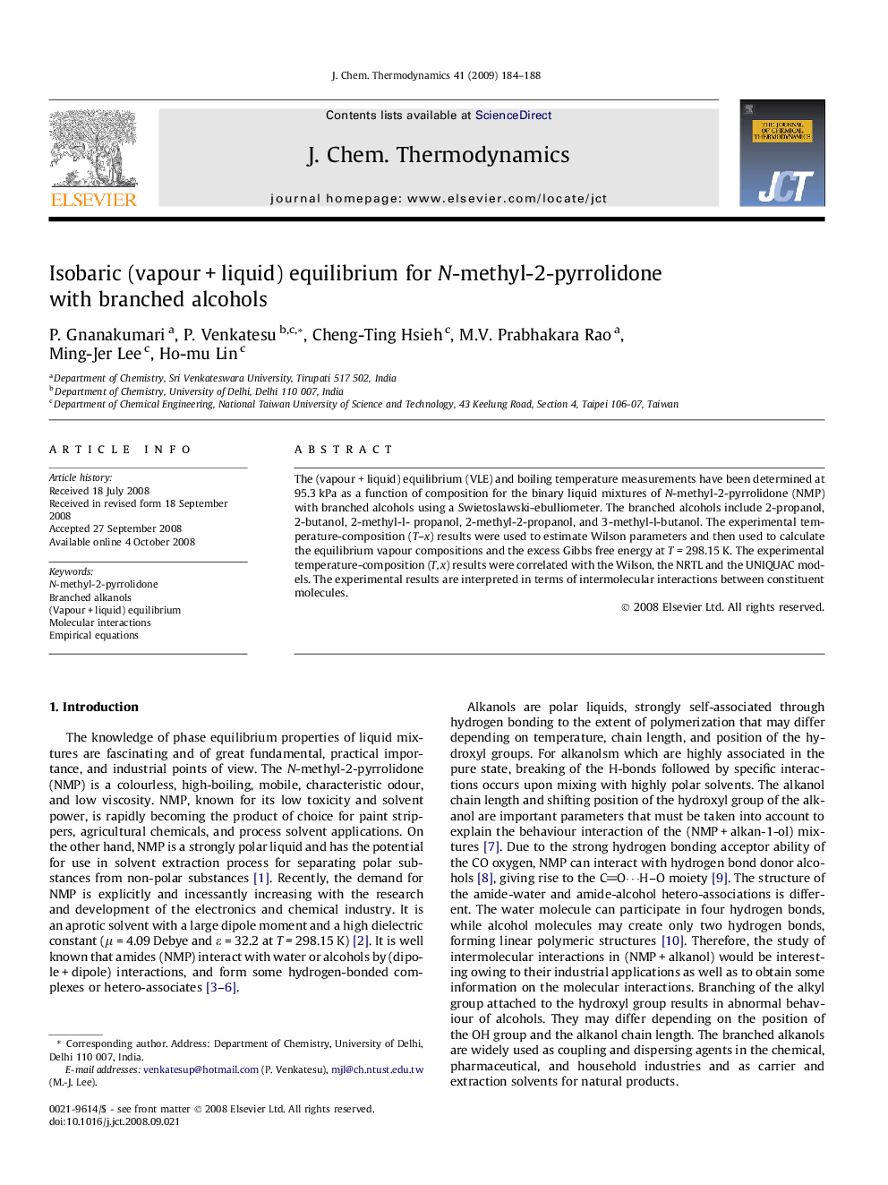 Isobaric (vapour + liquid) equilibrium for N-methyl-2-pyrrolidone with branched alcohols