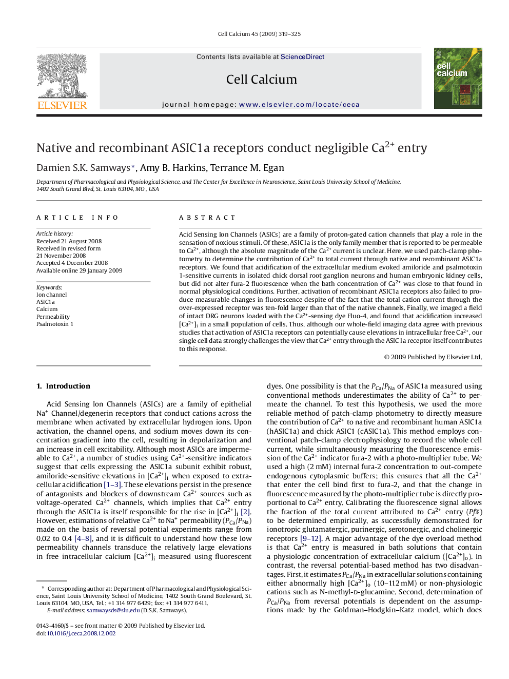 Native and recombinant ASIC1a receptors conduct negligible Ca2+ entry