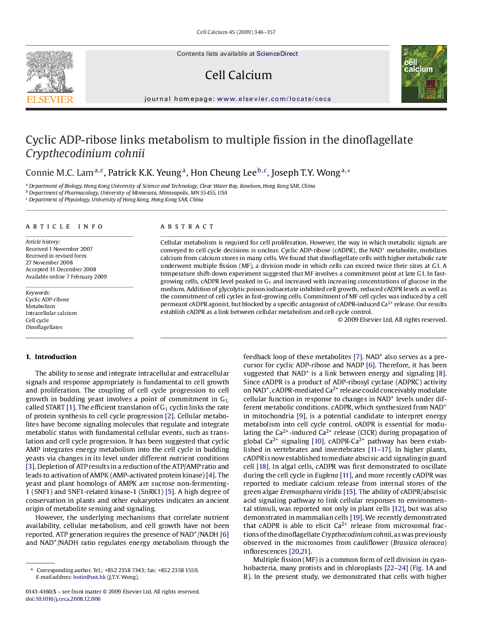 Cyclic ADP-ribose links metabolism to multiple fission in the dinoflagellate Crypthecodinium cohnii